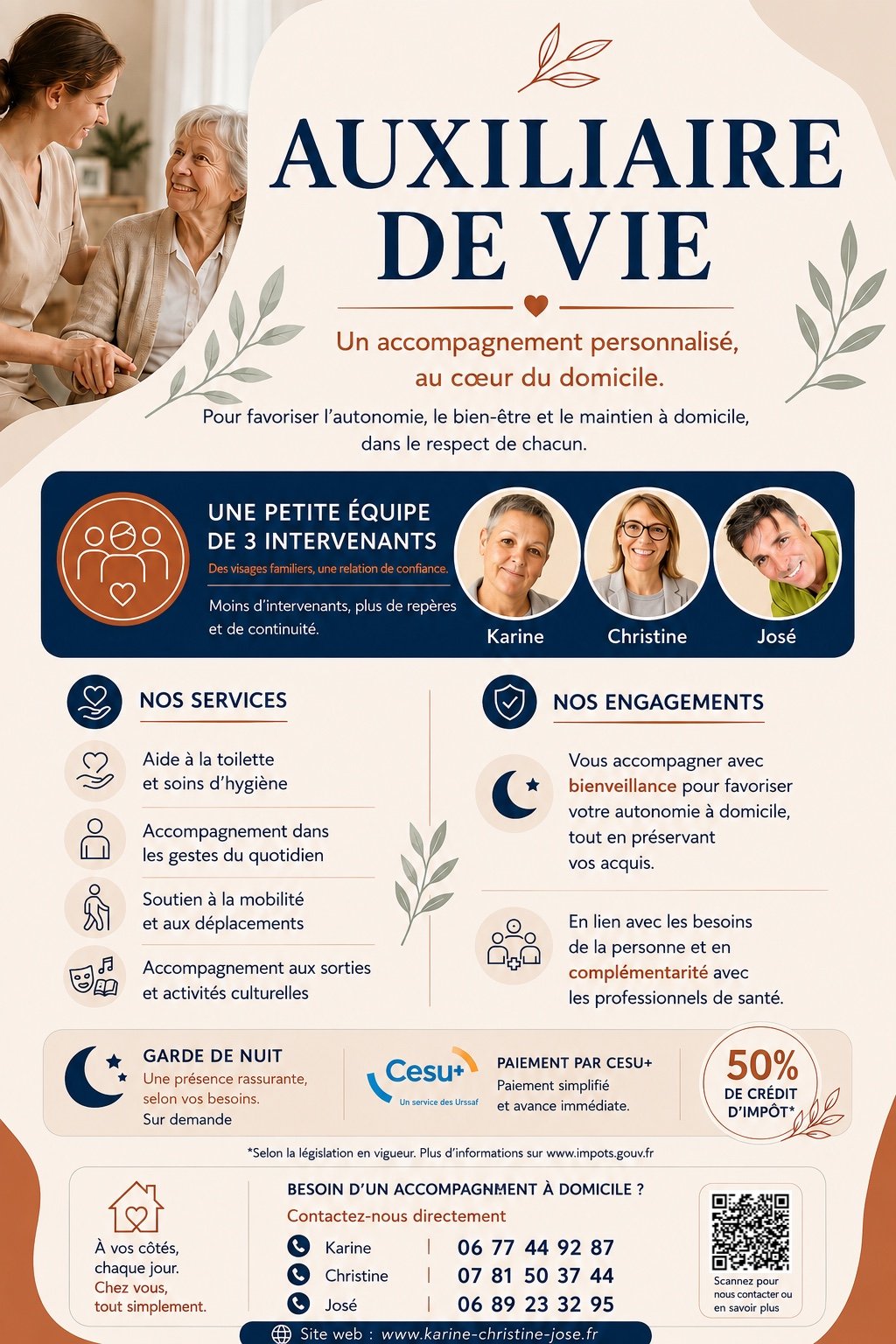 Auxiliaire de vie — Karine, Christine et José. Accompagnement personnalisé au cœur du domicile.